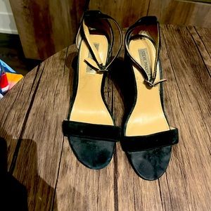 Black thick heeled suede sandals